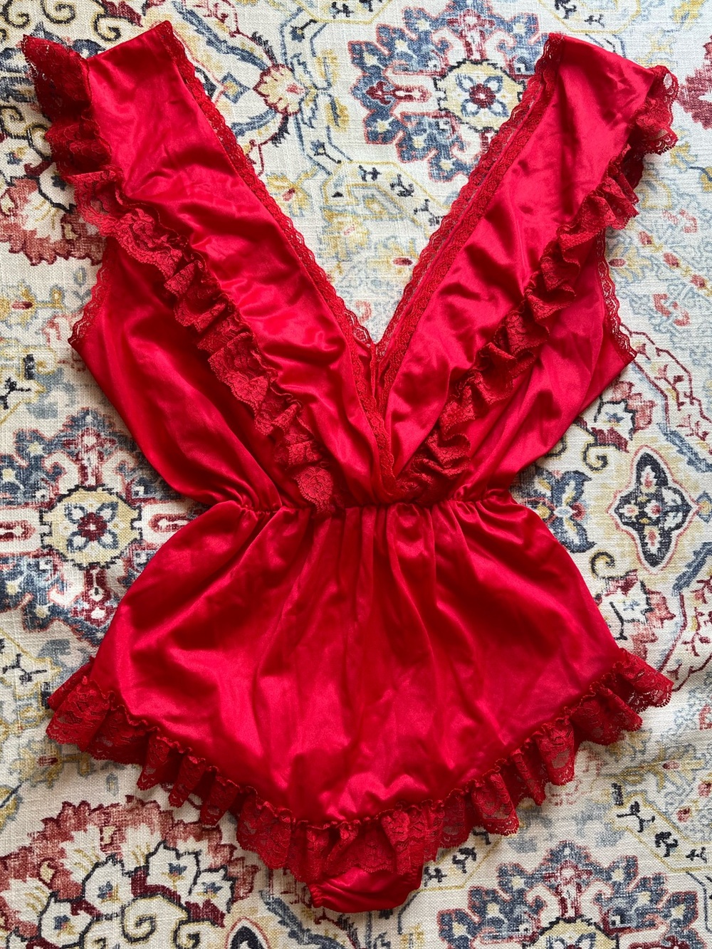 Vintage Red Satin & Lace Ruffle Teddy Romper Boudoir Coquette Lingerie